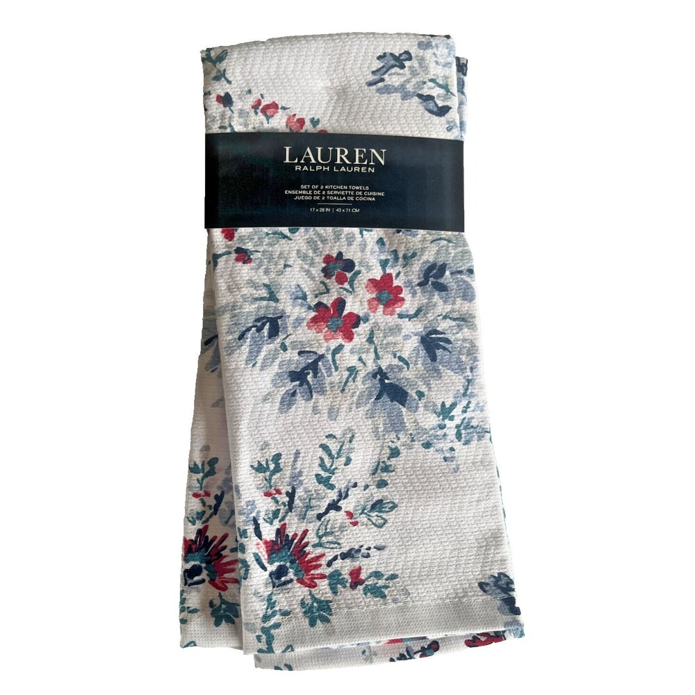 Ralph Lauren Kitchen Dish Towels Set of 2 Floral Red White Blue 100% Cotton